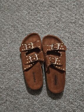 Women’s Brown Suede Double-Buckle Slide Sandals with Stud Accents